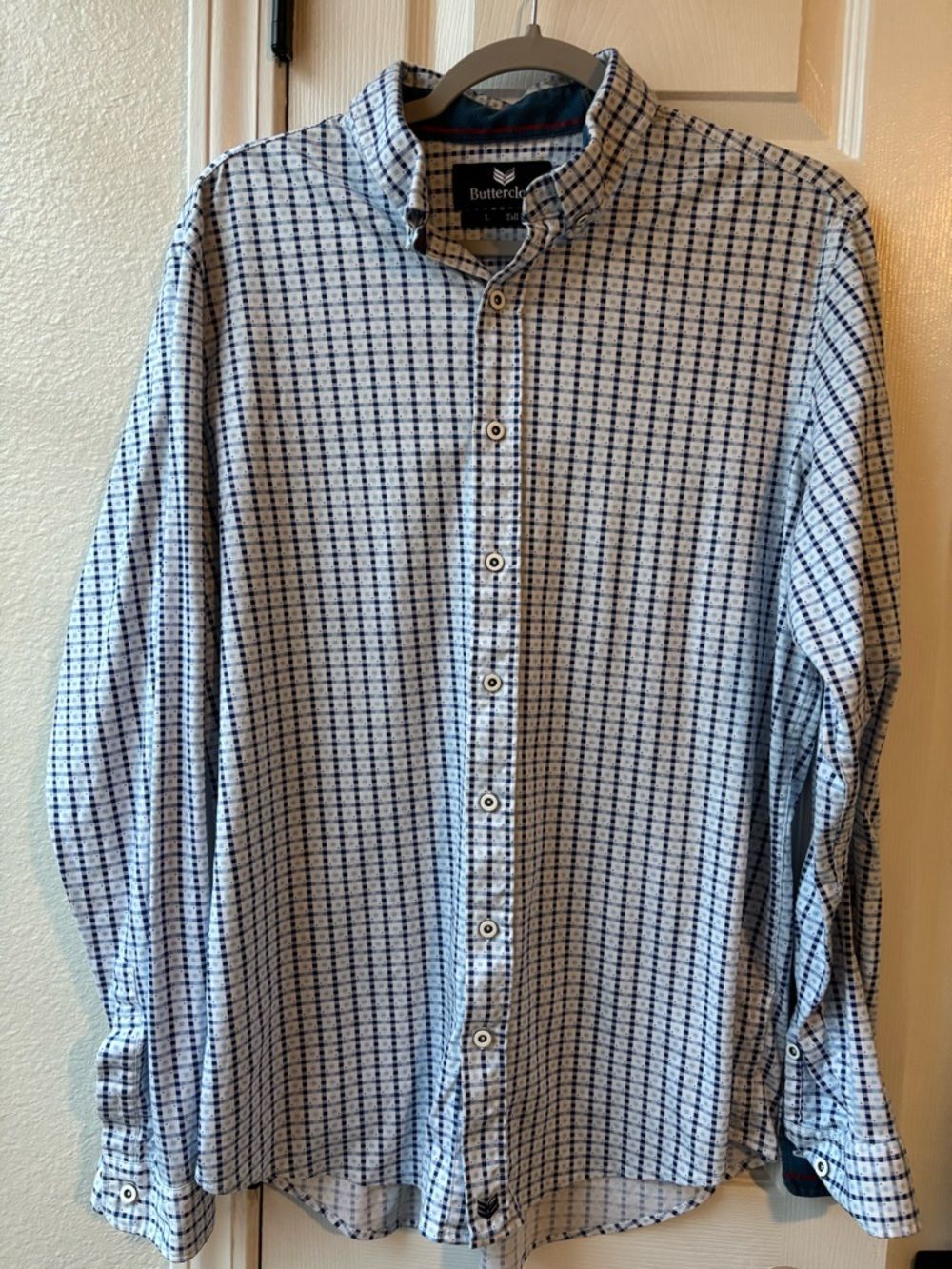 Large Tall Fit Buttercloth Blue White Checked Long Sleeve Button Up Shirt - Picture 2 of 13
